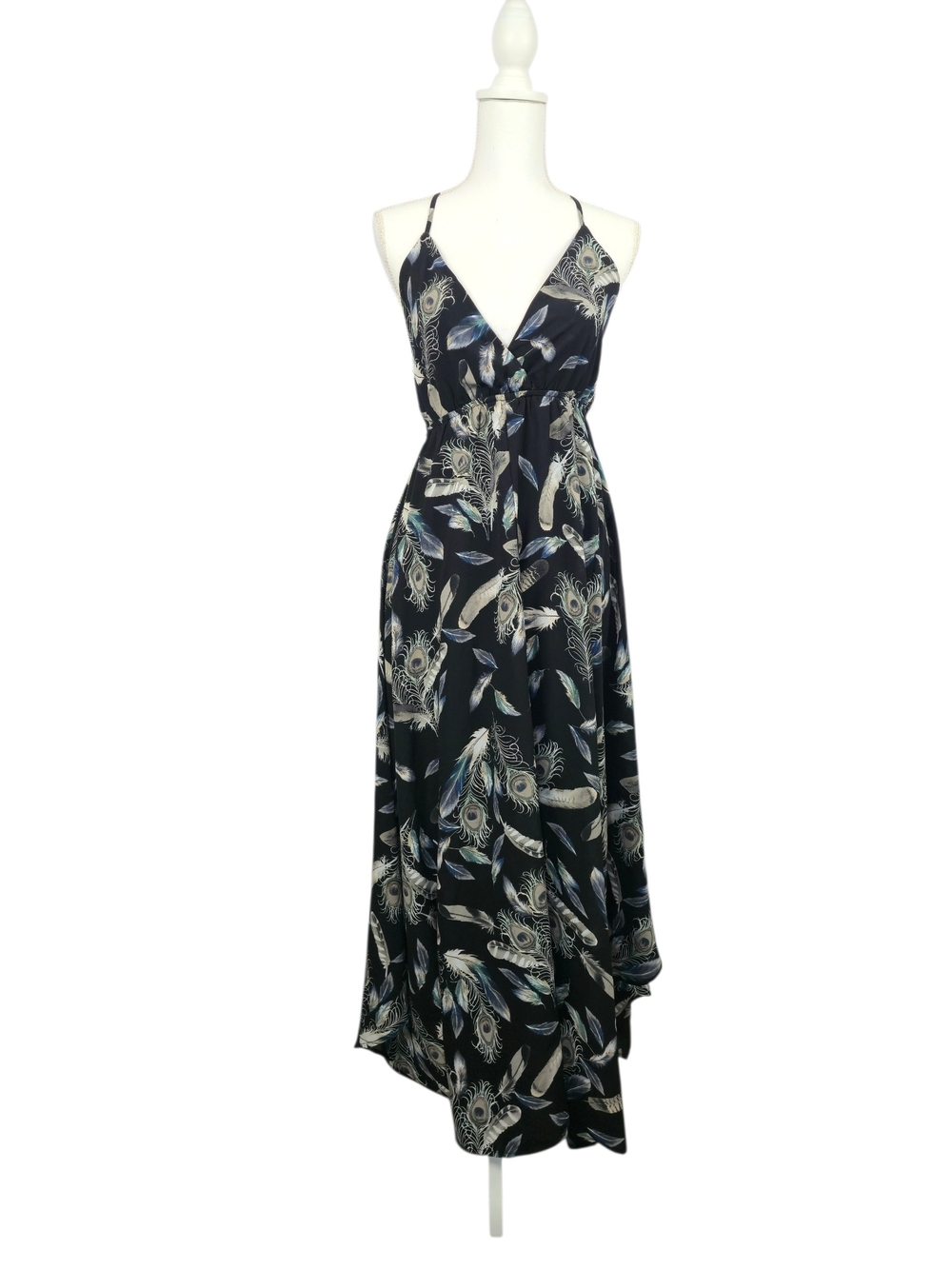 Black V Neck Feather Print Maxi Dress with Adjustable Straps - Picture 3 of 16